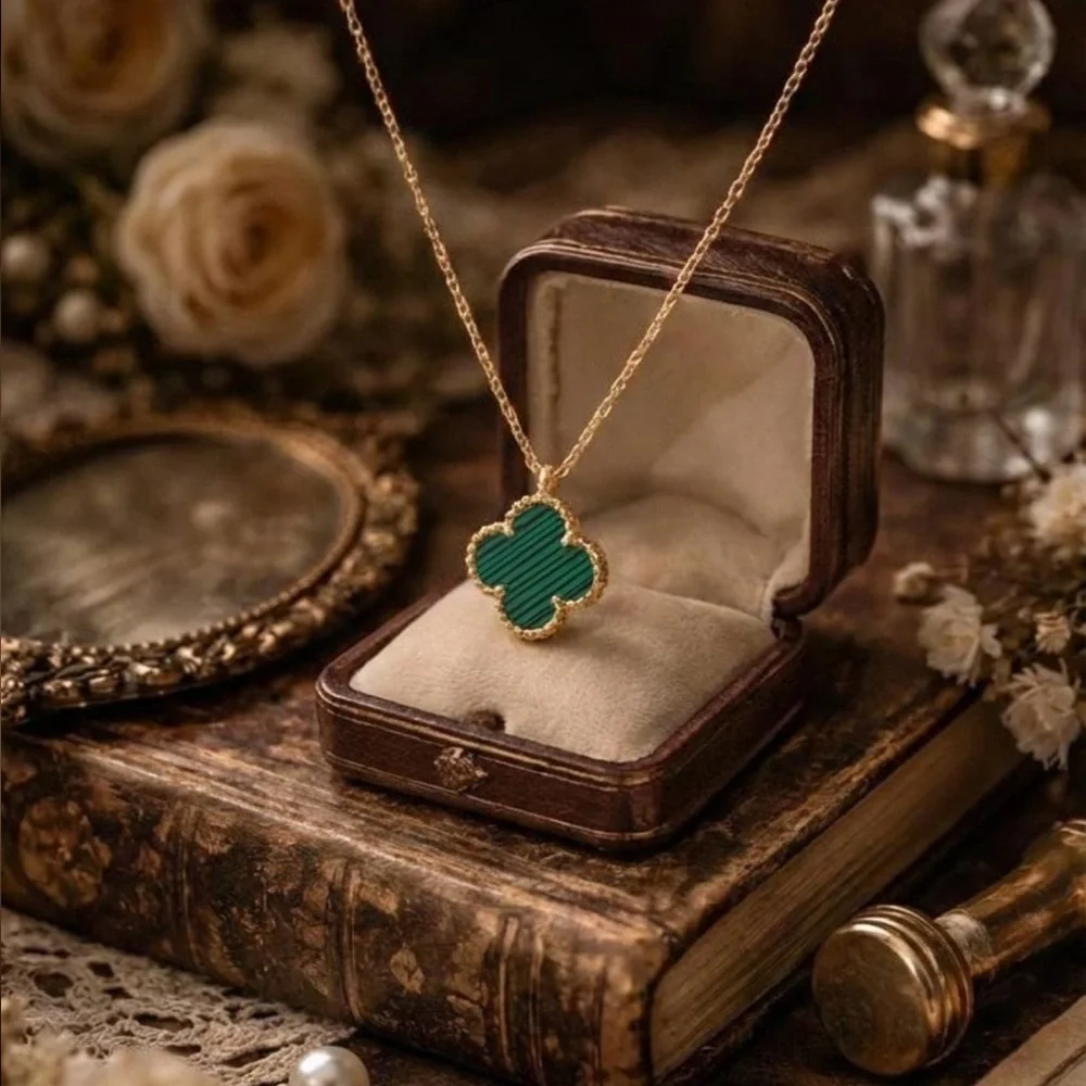 Malachite Clover Necklace - Green Four Leaf Clover Pendant - Gold Vermeil Lucky